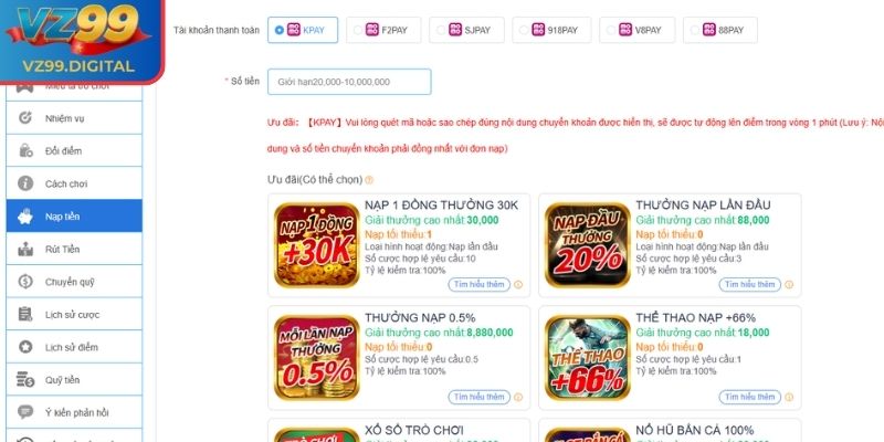 Cách nạp tiền VZ99